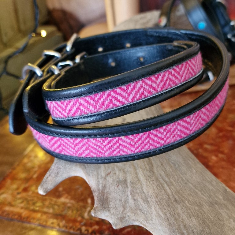 Pink Herringbone Tweed leather Dog Collar