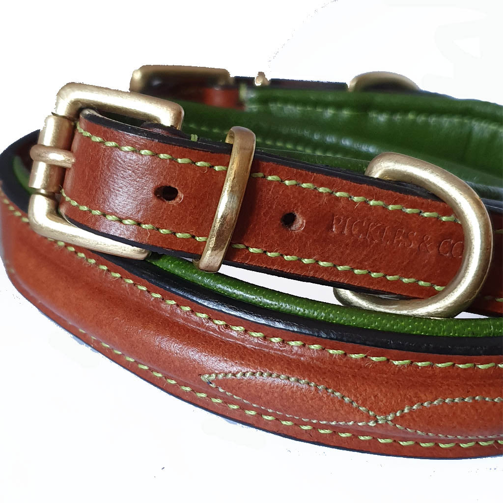 'THE BIBURY' Stitched Leather Padded Dog Collar - Tan and Green