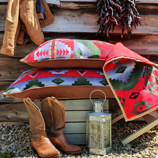 DOG BEDS - SOUTHWESTERN FLEECE RED & BLUE AND FAUX SUEDE